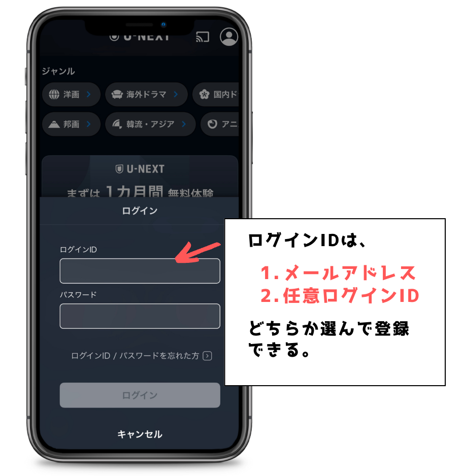 U-NEXTアプリのログイン画面