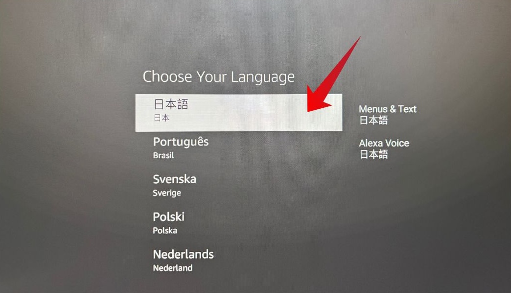 fire tv stickの言語を設定する画面